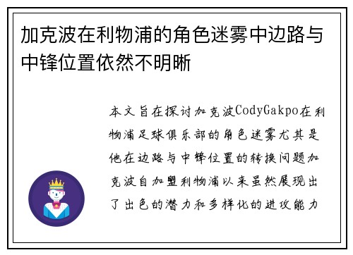 加克波在利物浦的角色迷雾中边路与中锋位置依然不明晰 加克波在利物浦的角色迷雾中边路与中锋位置依然不明晰