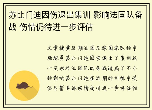 苏比门迪因伤退出集训 影响法国队备战 伤情仍待进一步评估 苏比门迪因伤退出集训 影响法国队备战 伤情仍待进一步评估